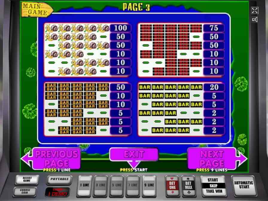 Игровой автомат Лягушки, таблица выплат № 2 Стоимость призовых комбинаций автомата Fairy Land